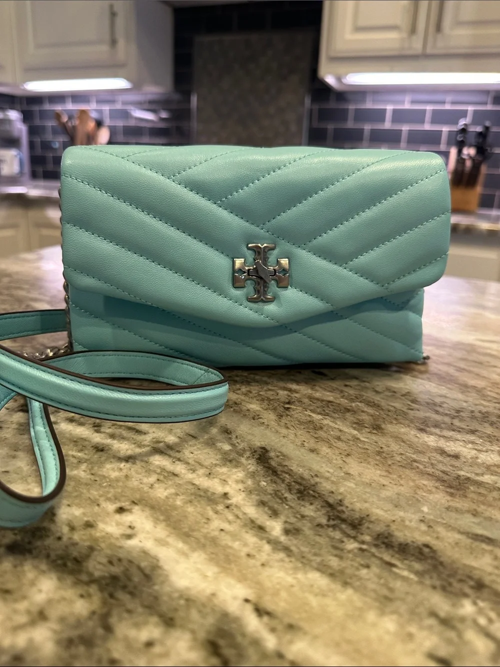 Tory Burch Kira Chevron Crossbody Chain Wallet WOC Light Celeste NWOT